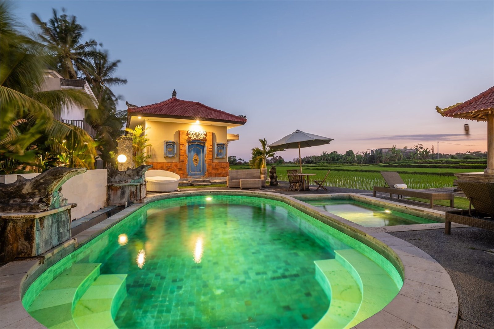 Outside view of lawn with swimming pool for yoga teacher training in bali